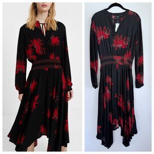 NWT Desigual. Long Sleeve Asymmetrical Midi Butterfly Dress in Black & Red Sz 6